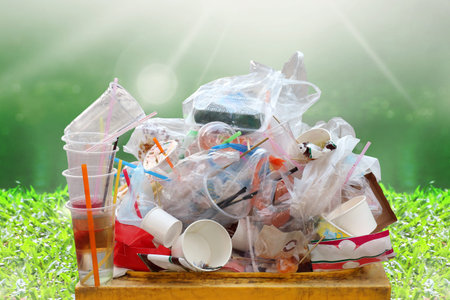 garbage, dump, plastic waste, pile of garbage plastic waste bottle and bag foam tray many on bin...