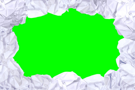 crumpled paper ball white frame on green screen color and copy space background, copy space in rough paper waste ball on green screen background, white paper ball for banner advertising footage videoの写真素材