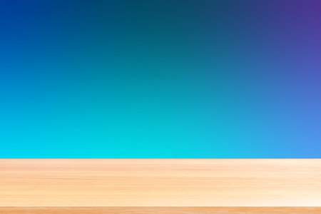 empty wood table floors on gradient blue soft background, wood table board empty front colorful...