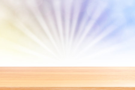 empty wood table floors on soft blue bokeh lights beam shine gradient background, wooden plank empty...