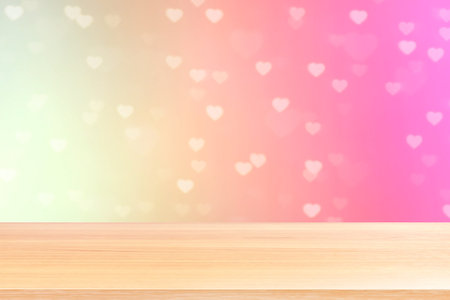 empty wood table floors on bokeh lights heart soft pink background, wood table board empty front...