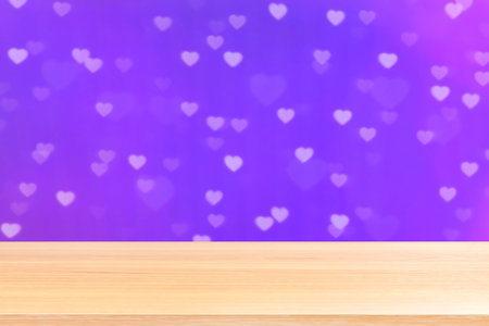empty wood table floors on bokeh lights heart soft purple background, wood table board empty front...