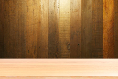 empty wood table floors on old wood wall background, wood table board empty over wood and the light...