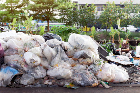 Pile of Garbage plastic many and trash bag waste many on the footpath, Pollution from plastic bag...