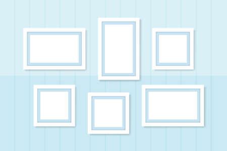 picture frames white template on wall light blue pastel, frame cute for family love picture, set of vintage frames picture chic luxury on pastel blue wall, picture frames for photo art gallery showのイラスト素材
