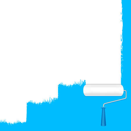 paint roller white on the blue wall for banner background and copy space text advertising, paint brush roller painted white on blue banner frame, blue area ad and paint brush roller, roller brush iconのイラスト素材