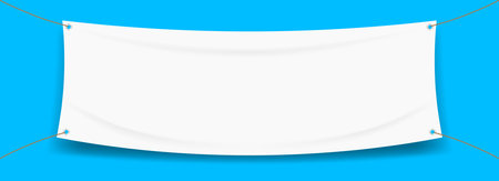 vinyl banner blank white isolated on blue backgrounds, white mock up textile fabric empty for banner advertising stand hanging, indoor outdoor fabric mesh vinyl backdrop for presentation frame posterのイラスト素材