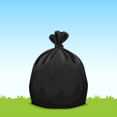 black bag plastic garbage on grass sky background, bin bag, garbage bags for waste, pollution plastic bag waste, 3r ad, waste plastic bags and copy space for banner advertising backgroundのイラスト素材
