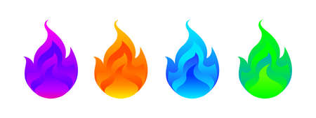 colorful fireball set isolated on white background, orange red fireball, blue fireball, purple fireball, green fire, fire symbol colorful for logo on website, fire iconのイラスト素材
