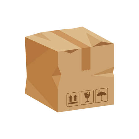 damaged crate boxes 3d, broken cardboard box brown, flat style cardboard parcel boxes, packaging cargo, isometric boxes brown, packaging box brown icon, symbol carton box isolated on white backgroundのイラスト素材