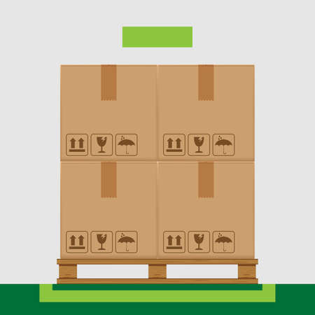 crate boxes on wooded pallet and green marking area for products arrangement concept, stack cardboard box in factory warehouse storage, cardboard parcel boxes packaging cargo brown isolated on greyのイラスト素材
