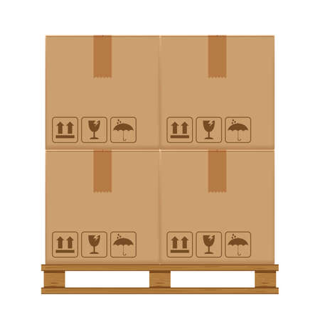 crate boxes four on wooded pallet, wood pallet with cardboard box in factory warehouse storage, flat style warehouse cardboard parcel boxes stack, packaging cargo, 3d boxes brown isolated on whiteのイラスト素材