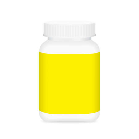 white medicine bottle and yellow label, bottle plastic white packaging single blank for template design white background, package bottle packing pill, medicine, vitamin, drug tablet, supplementのイラスト素材