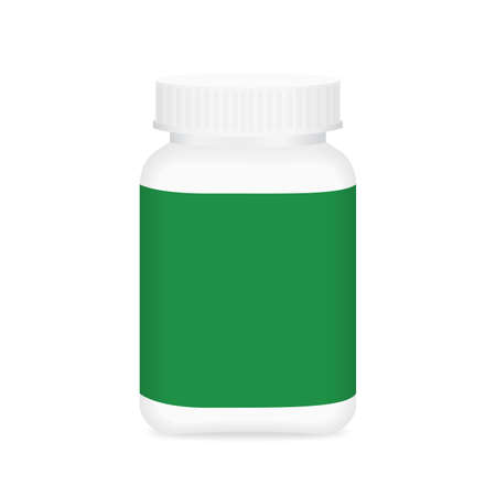 white medicine bottle and green label, bottle plastic white packaging single blank for template design white background, package bottle packing pill, medicine, vitamin, drug tablet, supplementのイラスト素材