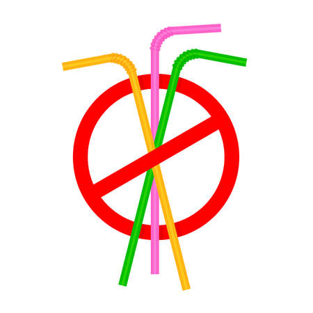 signs stop straw tube plastic, refusal of disposable plastic drinking straw in favor of drinking straws, ban plastic drinking straws, stop sign on white backgroundのイラスト素材
