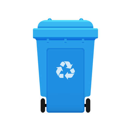 Bin, Recycle plastic blue wheelie bin for waste isolated on white background, Blue bin with recycle waste symbol, Front view of recycle wheelie bin blue color for garbage wasteのイラスト素材