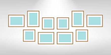 collage picture frames on gray wall, collection of portrait frame set, mock up template picture frame, frames cute for photo, vintage wooden frames chic and luxury, mock-up frames for art gallery showのイラスト素材