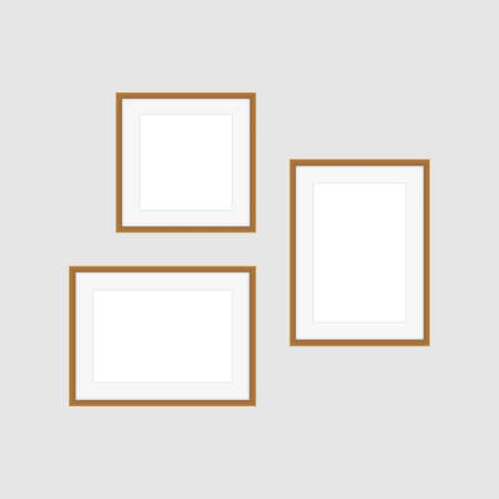 collage picture frames on gray wall, collection of portrait frame set, mock up template picture frame, frames cute for photo, vintage wooden frames chic and luxury, mock-up frames for art gallery showのイラスト素材