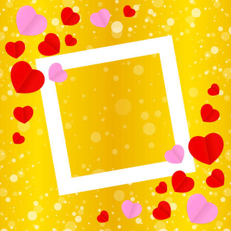 square white frame and red pink heart shape for template banner valentines gold background, many hearts shape on gold gradient soft for valentine backgrounds, image golden with heart-shape decorationのイラスト素材