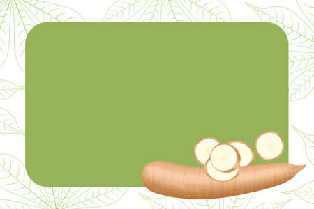banner frame of cassava fresh for copy space, cassava cut slice for tapioca flour industry or ethanol, pile yucca cassava tuber on frame, raw manioc cassava on template banner green background emptyのイラスト素材