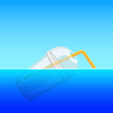 illustration plastic cup and straws float on the surface ocean sea or river concept environment pollution, trash garbage waste plastic underwater ocean, dangerous plastic waste in river environmentのイラスト素材