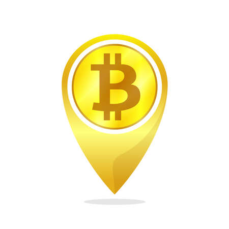 Bitcoin Golden coin for use Location pin concept, Icon Bitcoin, Golden coin Location pin symbol, Gold coin with Bitcoin Location pin Sign, Bitcoin is Money Cryptocurrency isolated on whiteのイラスト素材