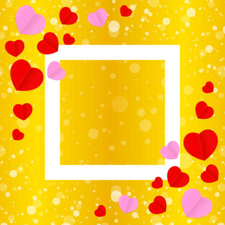 square white frame and red pink heart shape for template banner valentines gold background, many hearts shape on gold gradient soft for valentine backgrounds, image golden with heart-shape decorationのイラスト素材