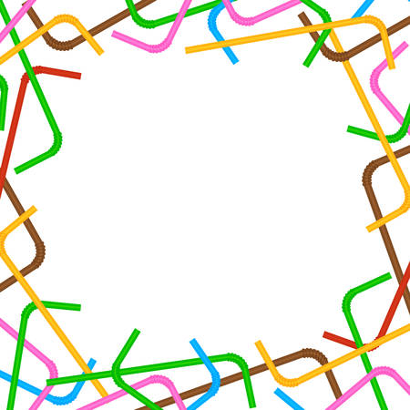 banner frame of straws colorful on white background, plastic straws waste frame for poster copy space, square ad campaign stop and ban using straws plastic waste, advertising banner empty tube garbageのイラスト素材