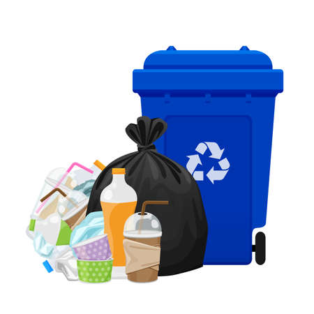 illustration garbage waste and bag plastic and blue recycle bin isolated on white, pile of plastic garbage waste many, plastic waste dump and bin blue, plastic waste and bin separation recycleのイラスト素材