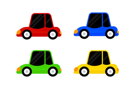 car vehicle red blue green yellow color isolated on white, clip art cartoon vehicle car cute for kid concept, illustration car toy for kids learning, auto car vehicle icon toy colorful, simple vehicleのイラスト素材