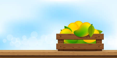 mango in wood crate, wood crate of ripe mango on wooden table, copy space for advertisement sale slogan, mango fruit pack in wooden crate box on wood counter, mango heap in wooden box and banner spaceのイラスト素材