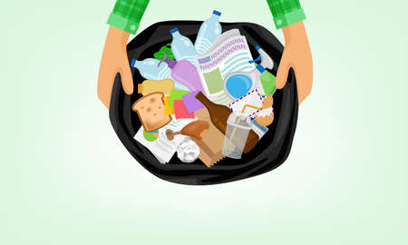 garbage bag and hand holding in top view, bag plastic waste and a lot of rubbish, stack paper glass and bottle plastic waste, garbage many in the plastic bin bag black, waste for separation recycleのイラスト素材