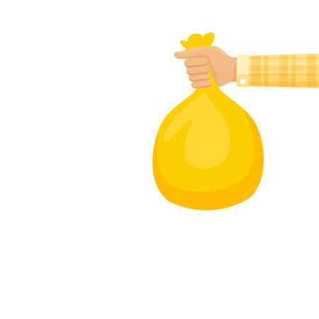 bag waste yellow in hand isolated on white, hand holding yellow plastic trash bag, illustration bags garbage waste in hand, plastic bags bin of garbage for disposal and copy spaceのイラスト素材