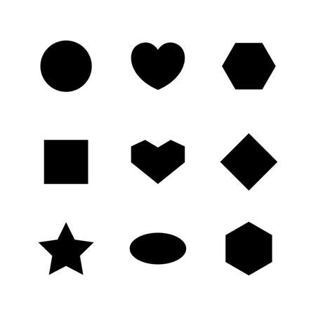 simple geometry shape with circle, heart, oval, ellipse, star, square and diamond trapezoid shape isolated on white, simple bullet sign, black simple flat shape for decoration, icon 2d black geometryのイラスト素材