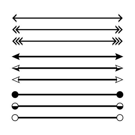 arrow in horizontal line set isolated on white, arrow line for indicate the dimension of drawing, horizontal arrow different, arrowhead black on a line horizontal for dimension scale, clip art arrowのイラスト素材