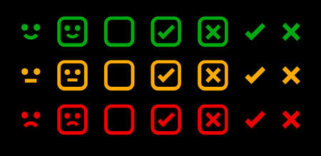 icon emotions face, emotional symbol and approval check sign button, emotions faces and checkmark x or confirm and deny, button checkbox flat for apps, faces icons and checkmark choice for checklistのイラスト素材