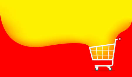 banner cart and yellow red copy space for shopping online, icon cart on banner template ad sale, basket purchase in online shop, trolley cart symbol of banner e-commerce, cart simple flat advertisingのイラスト素材
