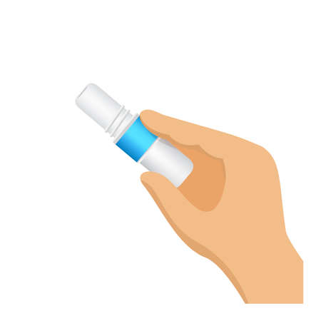 inhaler in hand for gesture of inhaling the smell, clip art of smelling salt and sniffing, hand gesture of inhale and exhale, inhaler tube or smelling salt isolated on white backgroundのイラスト素材