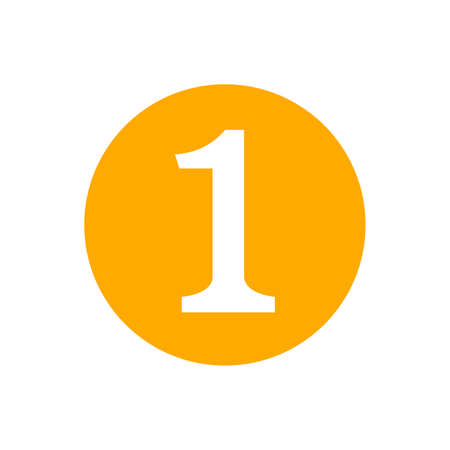 icon number 1 in circle orange isolated on white, flat currency coin one 1 money, first symbol with circle shape, 1st symbol for success or quality, medal one 1 for winner, simple number one buttonのイラスト素材