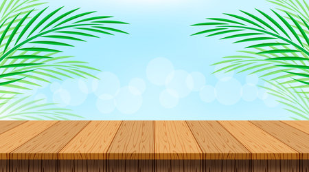 coconut background with leaves and wood table plank, wooden plank empty and coconut palm leaf, wood floor for coconut product display present and copy space, empty table for banner advertising natureのイラスト素材