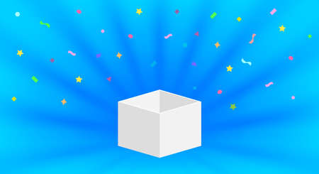 empty box open isolated on blue background, open white box for surprise or gift present, blank box copy space for greeting text concept, white gift box and ribbon confetti colorfulのイラスト素材