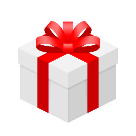 gift box white with ribbon red isolated on white, white square box and red ribbon bow, cardboard gift box for icon, paper white box package for clip artのイラスト素材