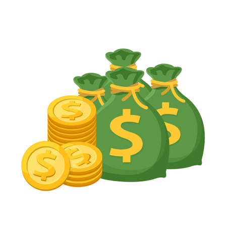 pile medal dollar and money bag isolated on white background, money bag and dollar coin gold icon, sack and medal dollar gold money icon for infographics, money sack green flat illustrationのイラスト素材