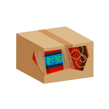 blast bomb of terrorist in the crate box waste isolated on white, explode a bomb dynamite with clock dial, red bomb drop and explosive is going to explode and blow up after countdown to blastのイラスト素材