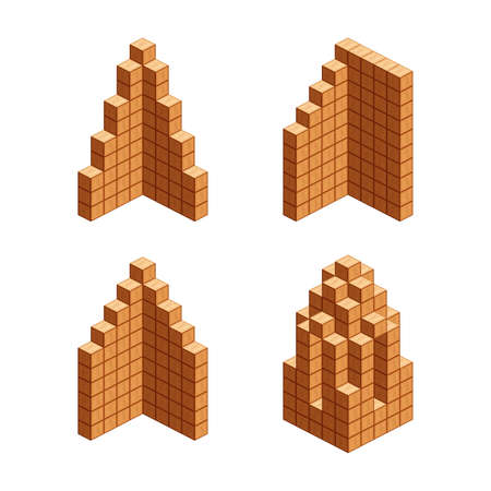 wooden cubes isometric for children learning, tower wood cubes sample different isolated on white, 3d cubes wood for logic counting of preschool children, block wooden square for mathematical game kidのイラスト素材