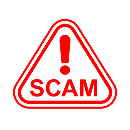 scam triangle sign red for icon isolated on white, scam warning sign graphic for spam email message and error virus, scam alert icon triangle for hacking crime technology symbol conceptのイラスト素材