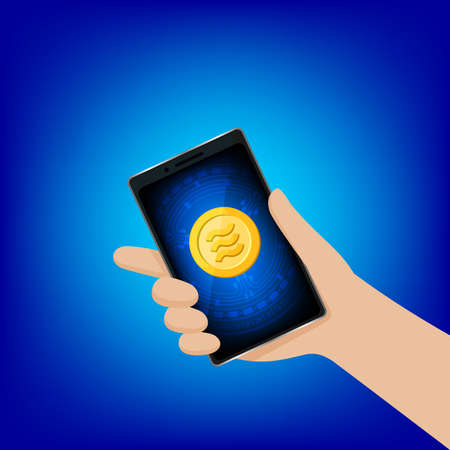 Coin gold logo Libra Calibra currency in smart phone screen, Hand holding a smartphone and Libra Calibra golden coin with logo for banking application, Digital currency money coins financialのイラスト素材