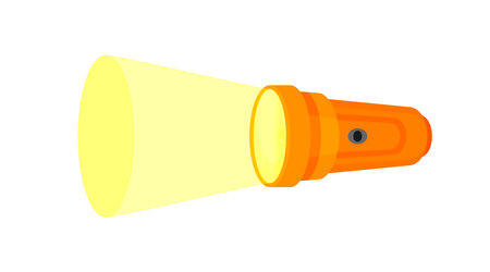 flashlight icon isolated on white, clip art flashlight and beam, flat icon of orange flashlight...