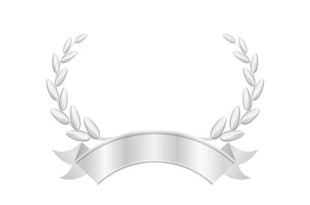 silver laurel wreath and ribbon isolated on white, circle frame silver laurel wreath icon, vintage ribbon and silver laurel wreath luxury for ornament royal king crown or queen, copy space of ribbonのイラスト素材