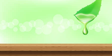aloe vera and drop on table wood plank, natural aloe vera leaf on green bokeh background, wooden table front for display aloe vera product, copy space text of aloe vera for banner advertisingのイラスト素材